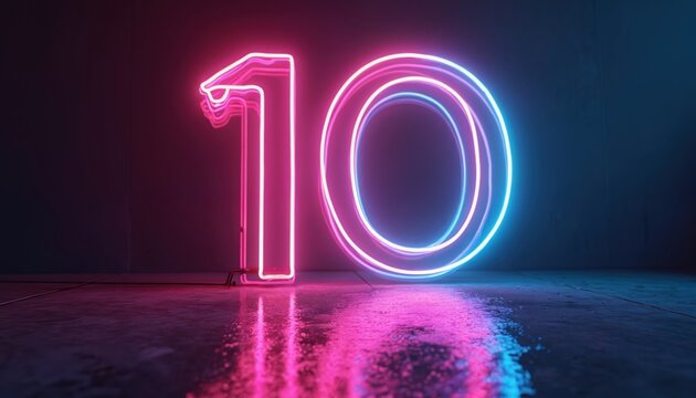 Glowing neon number ten glows in dark. Pink blue gradient laser rays reflect on wet floor. Modern digital countdown begins. Futuristic tech concept.