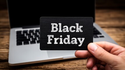 Deals Day Invitation: A hand holds a Black Friday card in front of a laptop, inviting a day of savings and special offers in the digital realm.