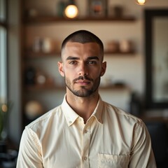 Obraz premium Young man with buzz cut haircut and beard. He wears light colored shirt and poses indoors. Confident guy, looking straight ahead. Casual, elegant, lifestyle, head shot.