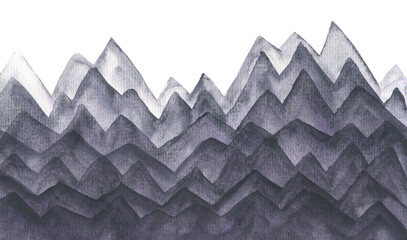 Fototapeta premium Watercolor dark purple black ink hand painting mountains illustration. Watercolour layered hill landscape isolated on white background, outdoor travel concept, paint peak boarder