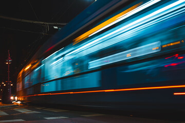 light trails of tram on the street at night