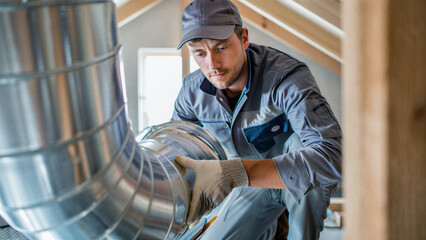 Obraz premium Skilled hvac technician installing metal ductwork in attic, residential ventilation system setup, air duct alignment, climate control maintenance, airflow optimization, insulation upgrade