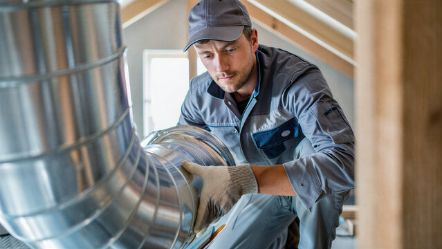Skilled hvac technician installing metal ductwork in attic, residential ventilation system setup, air duct alignment, climate control maintenance, airflow optimization, insulation upgrade