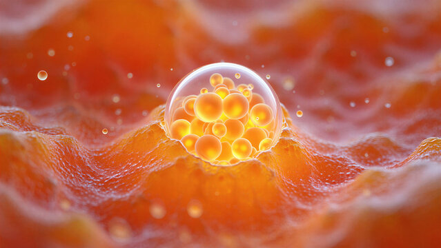 Microscopic view of fat cells in human adipose tissue with lipid droplets, biology and health science visualization, medical rendering of cellular structure and metabolism in orange fatty tissue