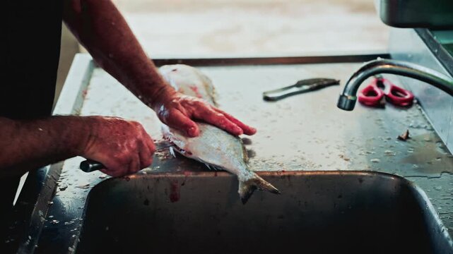 Hands of a fishmonger vigorously cleaning and scaling a fish at a stainless steel sink, water splashing around in a busy market preparation scene