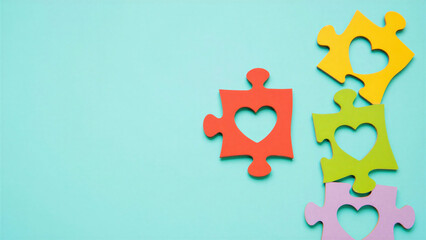 Colorful puzzle pieces with heart cutouts symbolizing love, connection, autism awareness, teamwork, relationships, emotional bonding, unity on a blue background with copy space for message or design