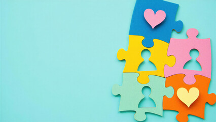 Colorful jigsaw puzzle pieces with human silhouettes and heart symbols on pastel background, teamwork connection concept, unity collaboration idea, community support illustration for charity