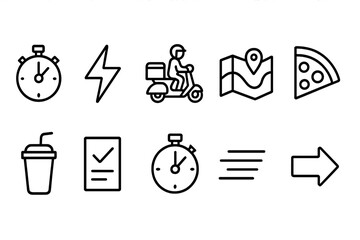 Fototapeta premium Fast food delivery line icon set. Quick service, meal icons outline collection