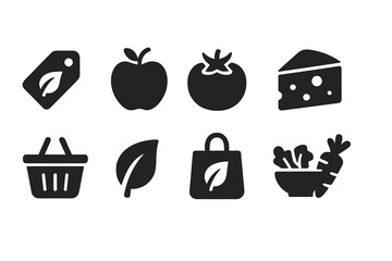 Grocery shopping silhouette icon set: food, market, organic, basket, leafy style