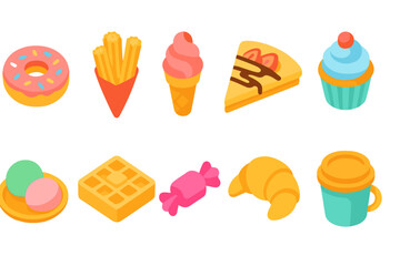 3D neon food icon set. Vibrant snacks, desserts, and drinks symbols collection