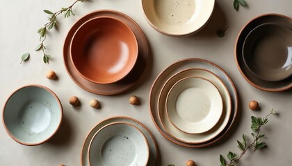 Various handmade ceramic bowls and plates arranged on a neutral surface. Earthy tones and natural materials create a rustic, artisanal feel. Includes decorative wooden spheres and green sprigs.