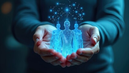 Hands hold glowing blue human figures connected by light particles. Concept of digital community, teamwork, and technological connection. Future network, unity, and shared data.