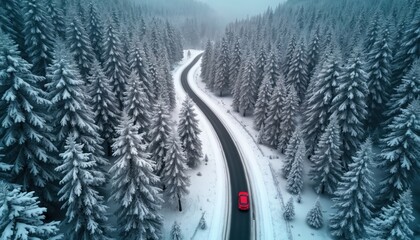 Red car drives on winding road through snowy forest. Aerial view of winter landscape with snow covered pine trees. Journey through remote wilderness.