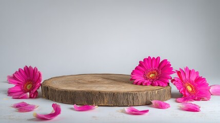 Wooden display platform with bright pink gerbera daisies and petals.