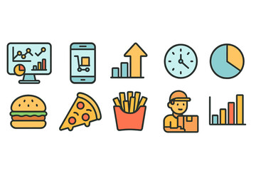 Naklejka premium Business, food delivery icon set. Outline style for food, logistics, charts