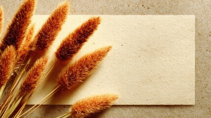 Dried fluffy grass stalks rest on textured paper with copy space.