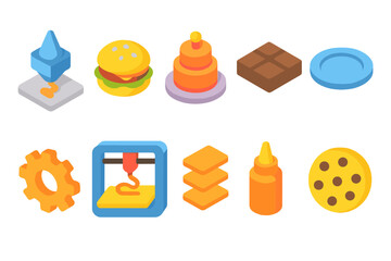 3D printing, food icon set. 3D style icons for culinary and technology themes