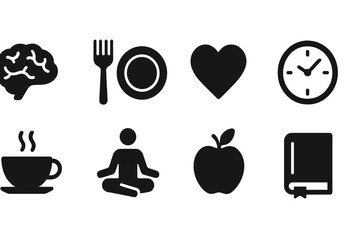 Health and wellness silhouette icon set. Mindfulness, nutrition, lifestyle silhouette icons