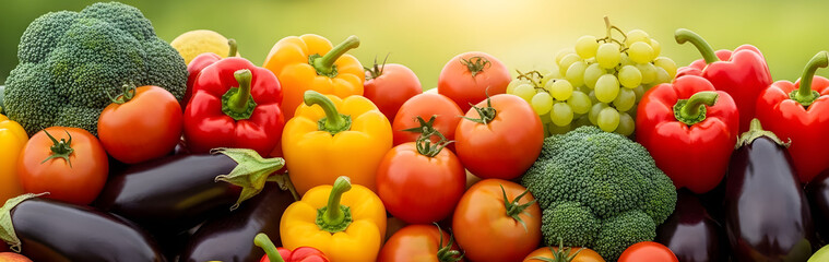 Fototapeta premium Assortment of vibrant fresh organic vegetables including peppers tomatoes grapes and eggplant against bright green background