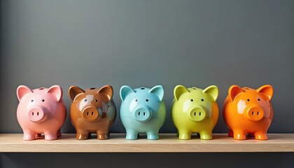 Row of colorful piggy banks on a wooden shelf. Financial planning, savings, and investment concept. Different colors represent variety in money accumulation goals.