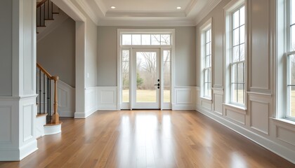 Obraz premium Spacious entry hall with shiny hardwood floors. Natural light streams through large windows and glass door revealing green yard. Staircase with wooden banister and black railing is visible.