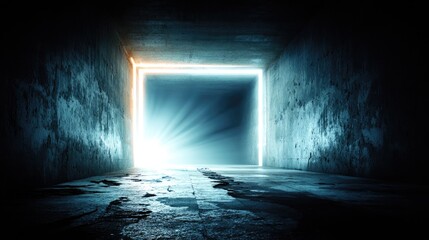 Bright portal radiates light at the end of a dark, wet concrete tunnel.