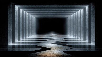 A stark concrete corridor with dramatic lighting creates a sense of depth and mystery.