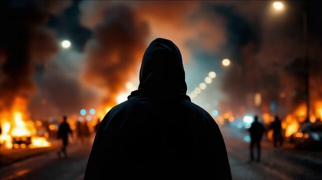 Mysterious silhouette observes flickering lights amid urban smoke haze