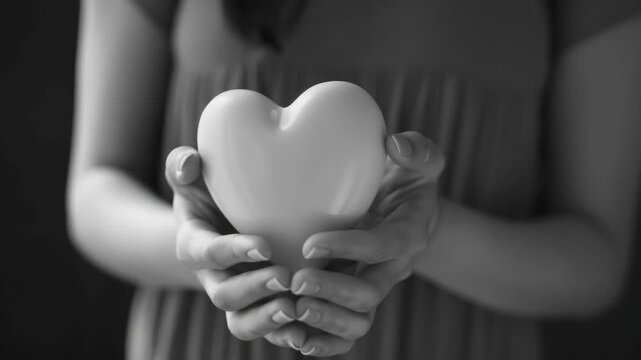 A person's hand gently grasping a heart, symbolizing love or care.