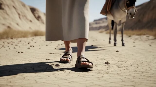 
Biblical Jericho road dust, low-angle shot of the dusty sandals of an old Aramean man named Jacob walking on the arduous, cracked earth of the path, an old donkey follows behind