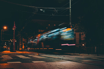 tram on the street at night