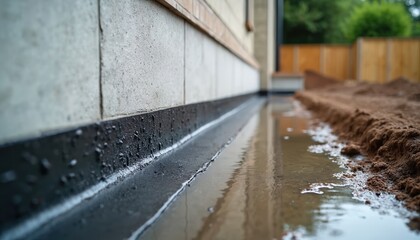 Obraz premium Waterproofing layer applied to house foundation wall. Wet ground surface shows damp proofing system installed. Building exterior site during construction work.