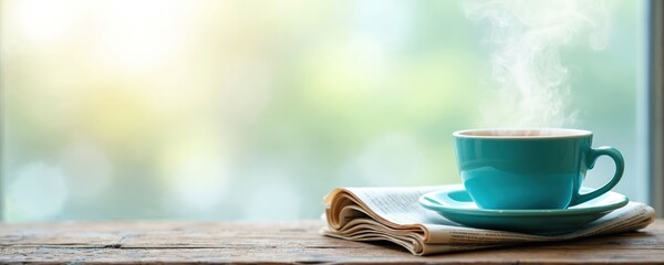 Steaming turquoise coffee cup sits on newspaper atop a rustic wood table near a window. Soft morning light filters through green foliage outside.
