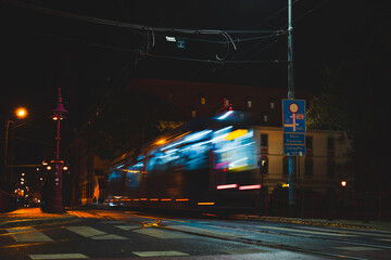 tram on the street at night