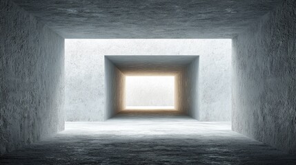 Stark concrete corridor with bright light at the end.