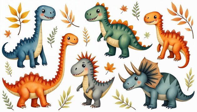 Collection of cute watercolor dinosaurs in various poses and colors. Includes T-Rex, Triceratops, and Brontosaurus. Autumn leaves scattered around. Fun, adorable prehistoric animals for kids.