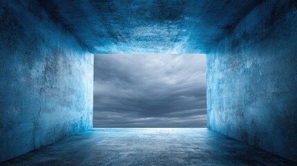 Futuristic concrete hall with stormy sky view.