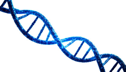 A glowing, blue DNA double helix model against a stark black background