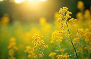 Goldenrod yellow flowers bloom in a green field. Bright sun shines creating bokeh effect. Plants grow wild outdoors on a warm summer day. Nature is vibrant and alive.