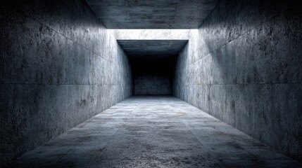 Stark concrete corridor with light entering from above into darkness.