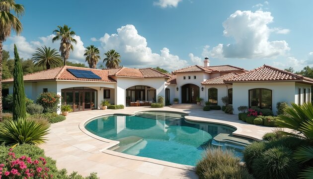 Luxury Mediterranean villa with solar panels. Expansive backyard features a large swimming pool and lush green landscaping. This property showcases modern eco-friendly design and resort-style living.