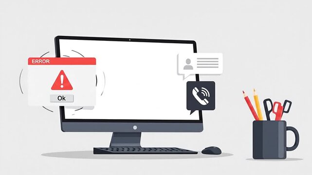 Digital Dilemma: A modern workstation faces a technical glitch, symbolized by an error pop-up, amidst a backdrop of essential office tools, creating a scene of everyday tech challenges.
