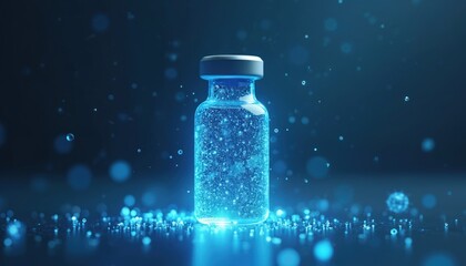 Glass vial filled with glowing blue liquid. Bubbles and particles float around, creating a futuristic medical look. Represents vaccine research, science, and healing. Modern biotech abstract.