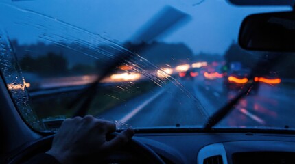 Driving on a rainy highway at dusk with blurred traffic lights seen through wet glass and moving wipers, capturing hazardous weather conditions and low visibility in a moody road scene.