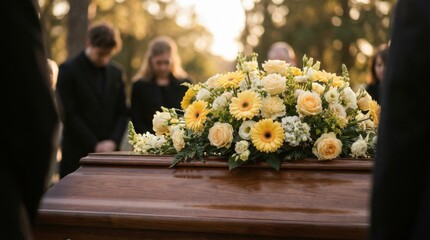 Wooden casket adorned with yellow and white funeral flowers as mourners stand in quiet remembrance during an outdoor service, capturing emotion, grief and reflection in a solemn memorial scene.