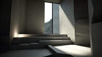 Geometric architectural interior with layered steps and dramatic light.