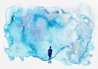 Watercolor Blue Abstract Landscape with Human Silhouette - Atmospheric Illustration, hand-painted watercolor