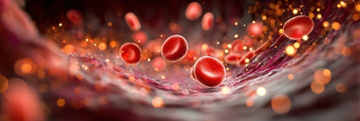 AI Generated 3D image of Red Blood Cells Flowing in Artery with Abstract Bokeh Background Panoramic Banner