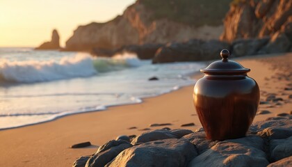 Dark ceramic urn rests on rocky shore at sunset. Gentle ocean waves wash onto sand beach. Golden hour light illuminates coastal landscape, evoking peace and reflection. Natural scene.