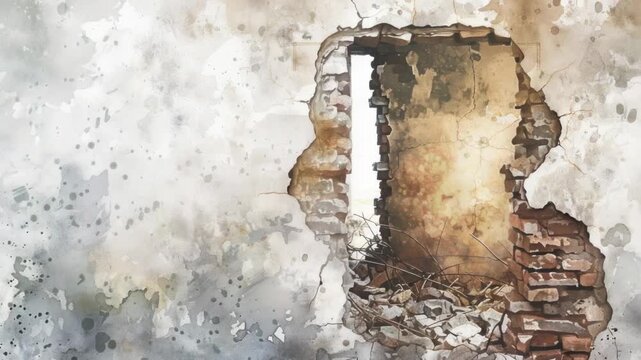 Video A damaged glass pane in a stone structure